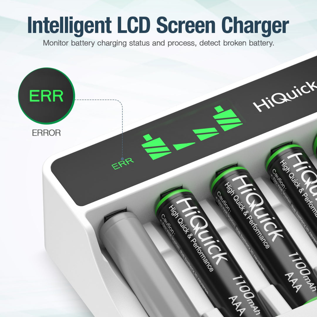 HiQuick Rechargeable AAA AAA Batteries with 8 Slot LCD Charger