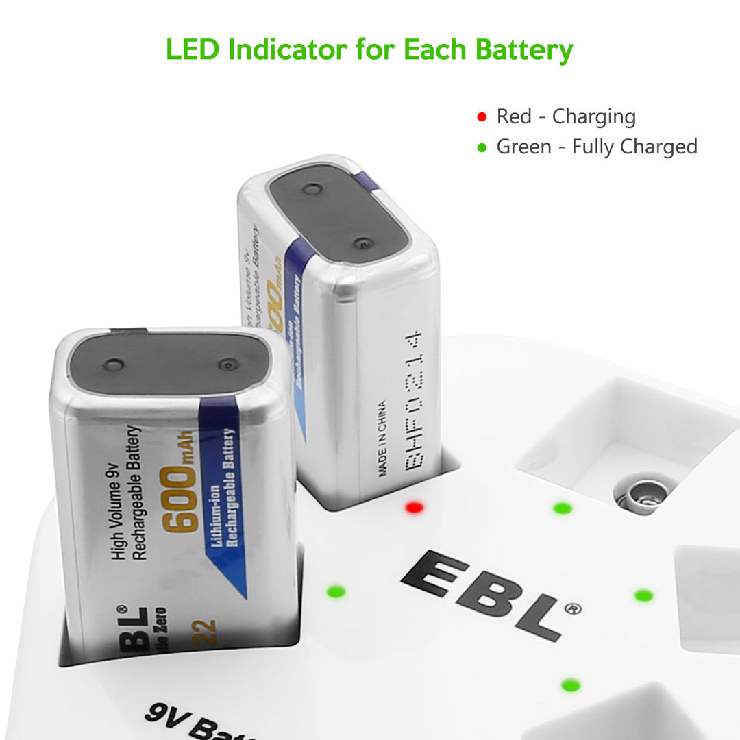 EBL 5 Packs 9V Li-ion Batteries with 5 Bay 9V Battery Charger