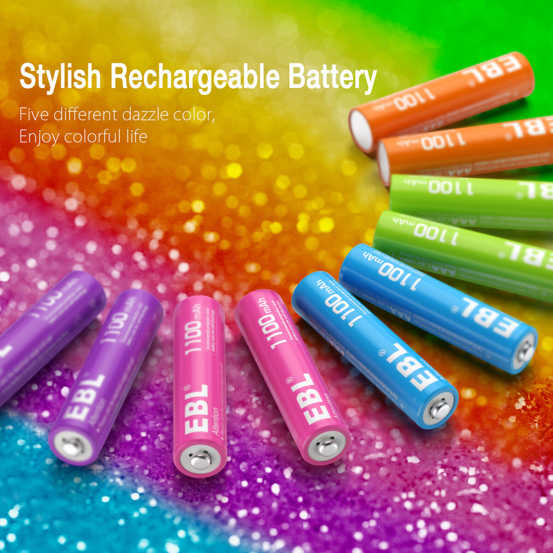 EBL Rainbow AAA Rechargeable Batteries 1100mAh, 10 Packs - EBLOfficial