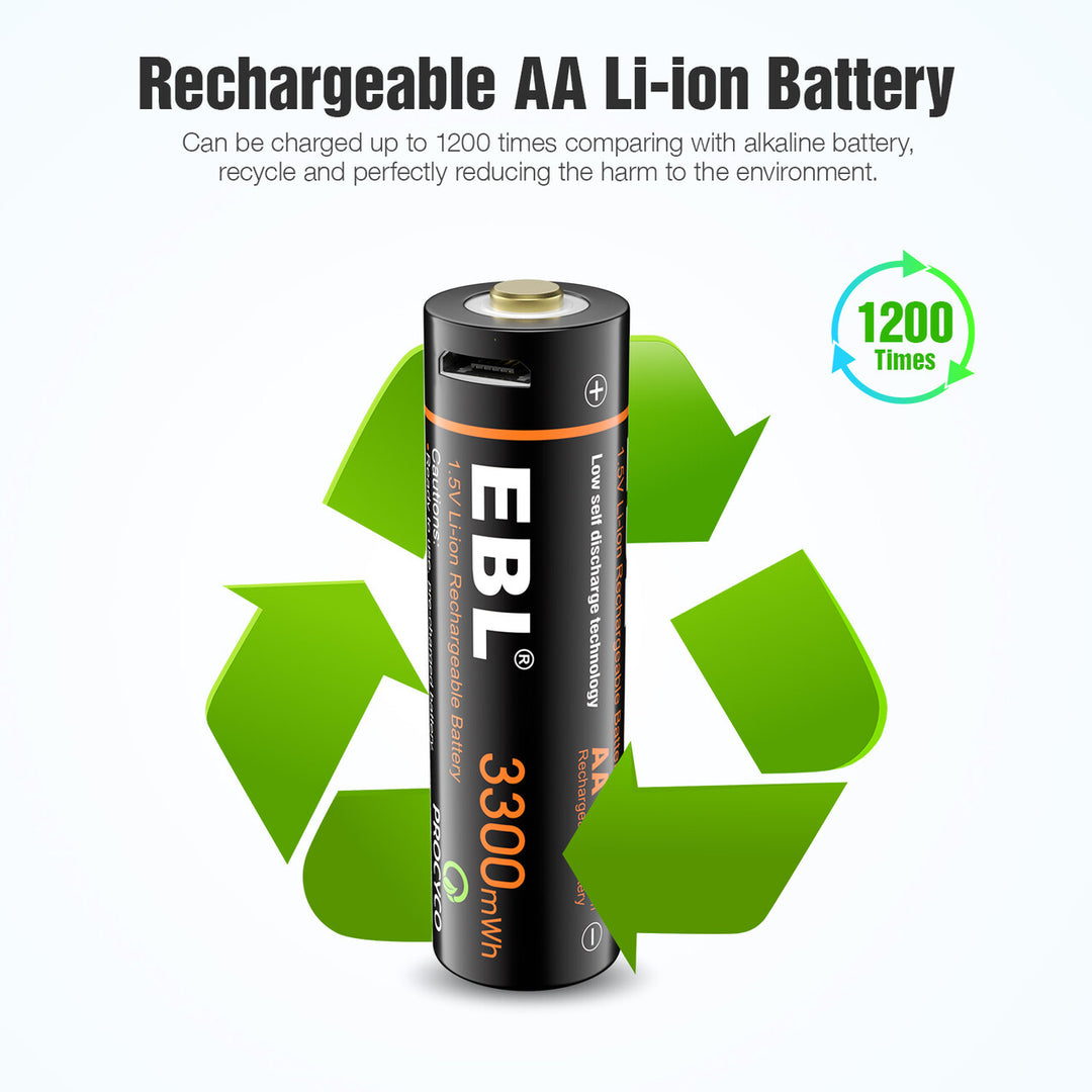 EBL Piles Rechargeables USB AA 1,5V 3300mWh- USB Charge Directe