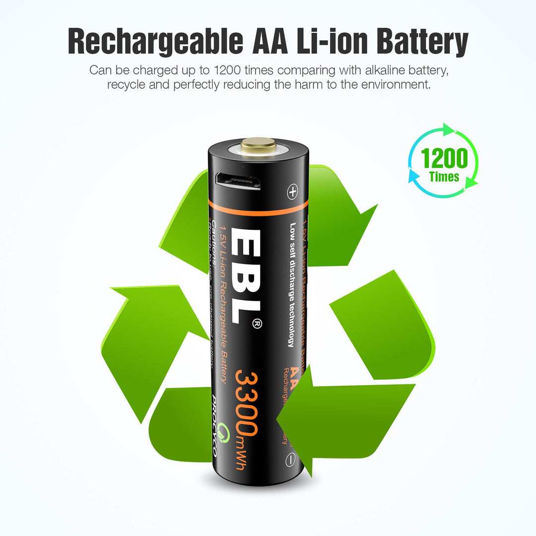 EBL 1.5V Li-ion Rechargeable AA Batteries 3300mwh Lithium Battery - EBLOfficial