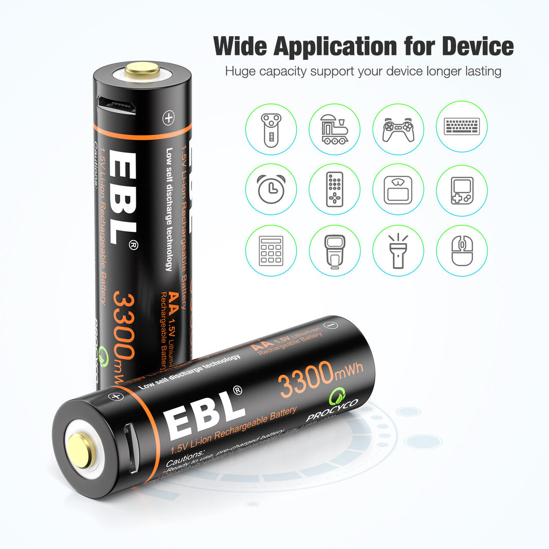 EBL 1.5V Li-ion Rechargeable AA Batteries 3300mwh Lithium Battery - EBLOfficial