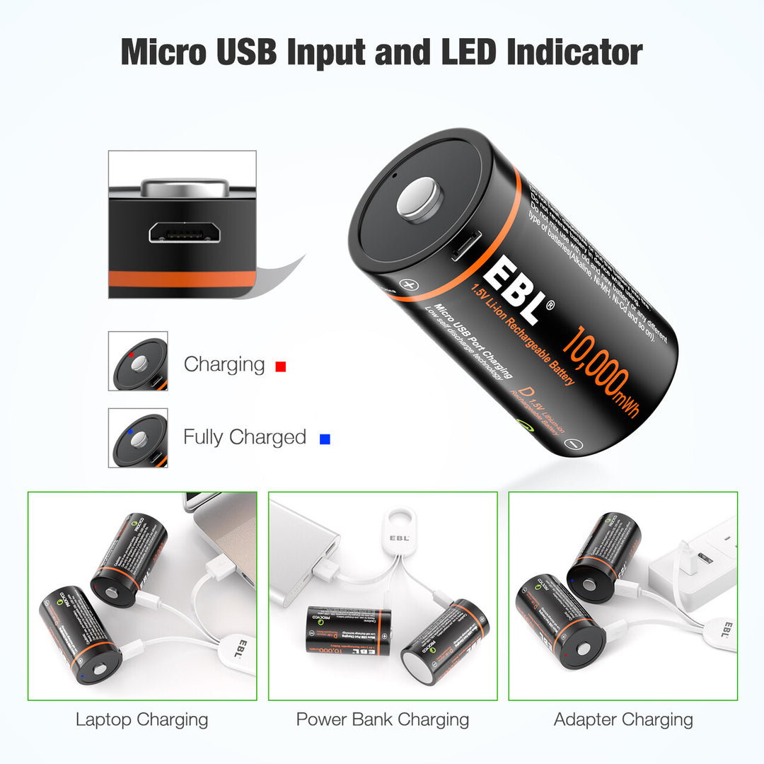 EBL 2 Pack Rechargeable D Batteries 10000mWh 1.5V Long Lasting USB