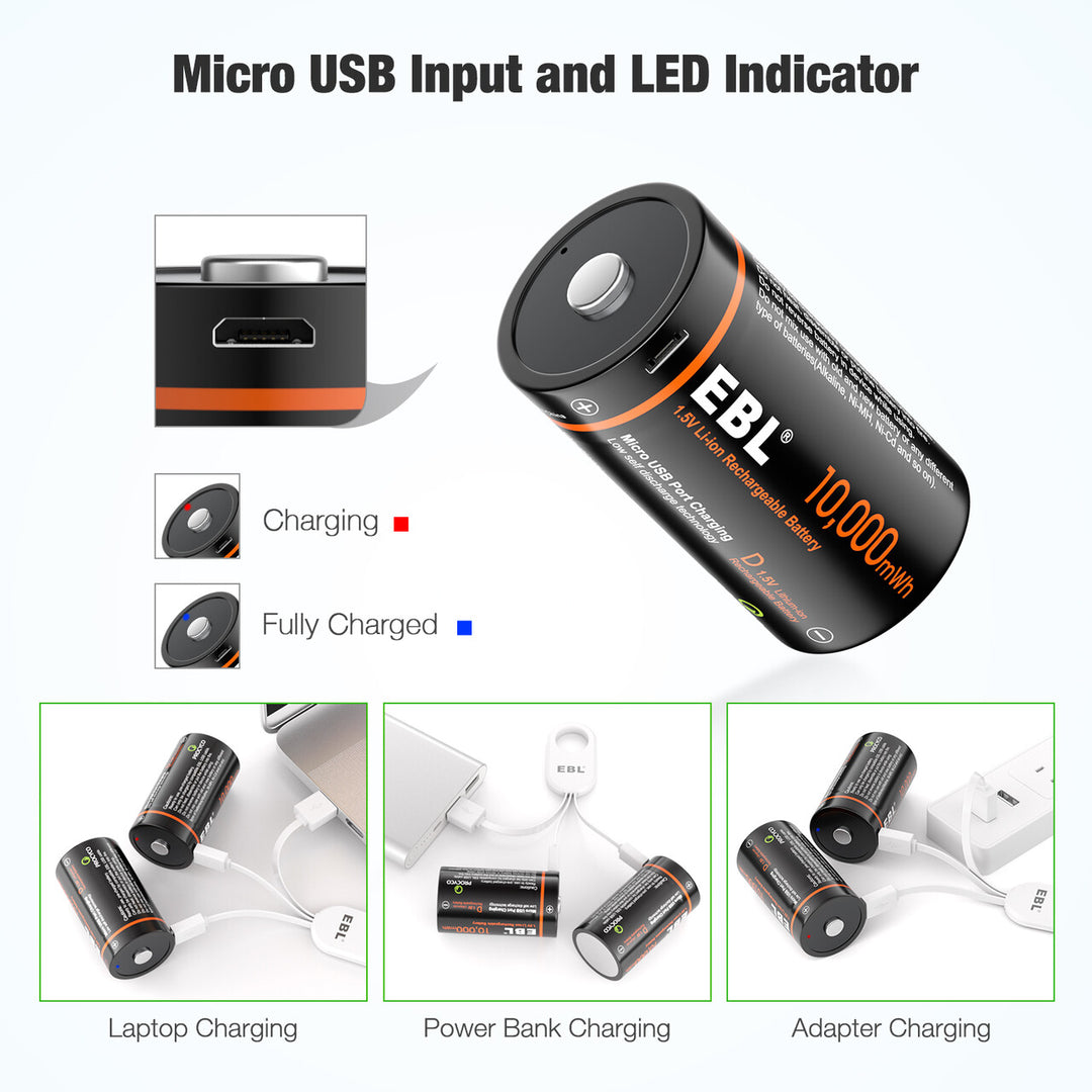 EBL USB Rechargeable D Batteries 10000mWh 1.5V - EBLOfficial