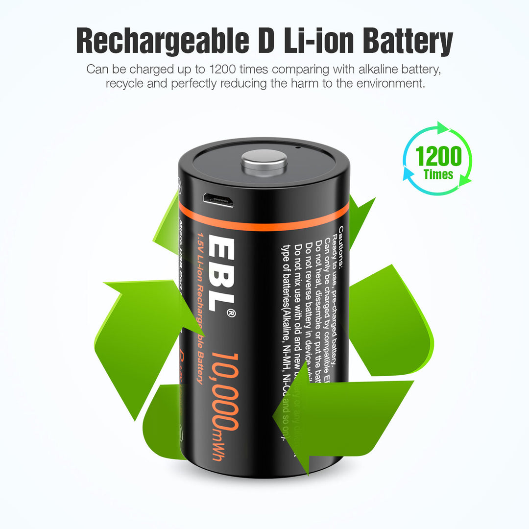 EBL USB Rechargeable D Batteries 10000mWh 1.5V - EBLOfficial