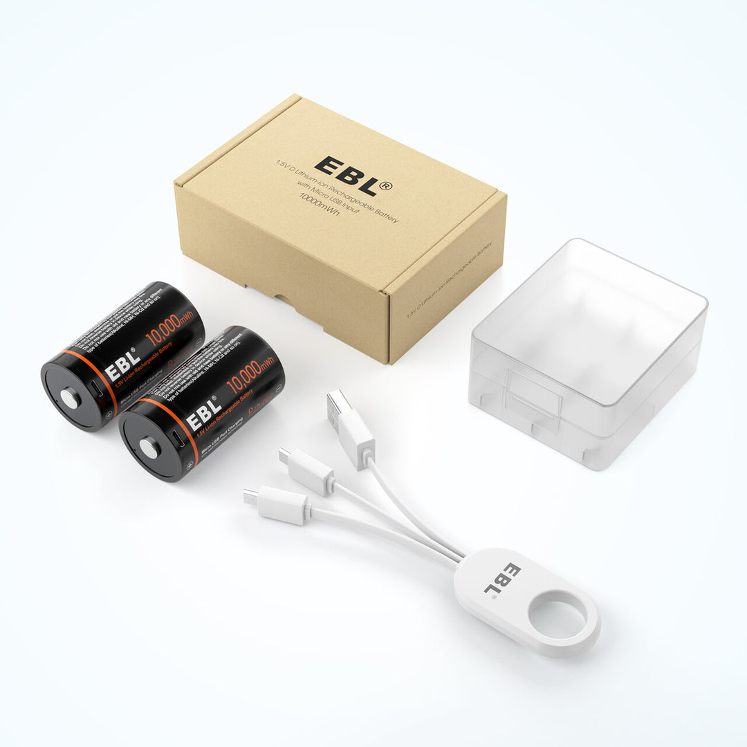 EBL USB Rechargeable D Batteries 10000mWh 1.5V - EBLOfficial