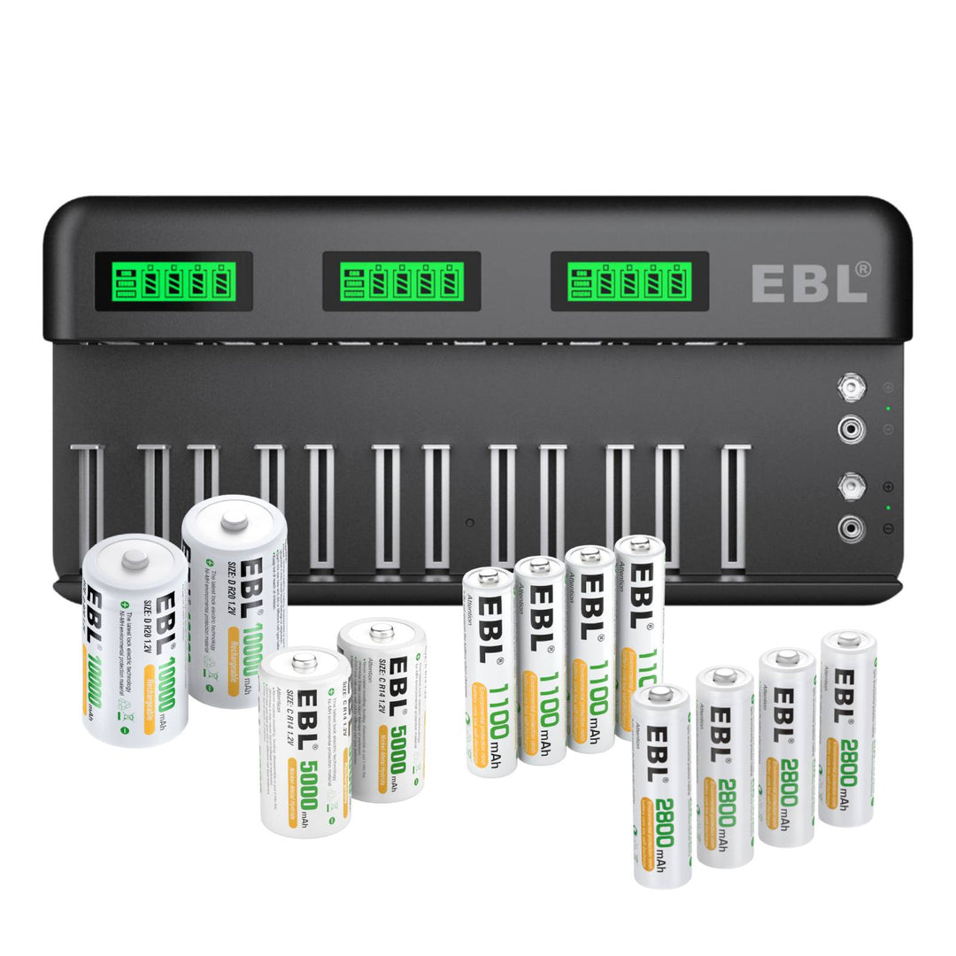 EBL 12+2 Bay Universal Battery Charger and AA AAA C D Ni-Mh Rechargeable Batteries