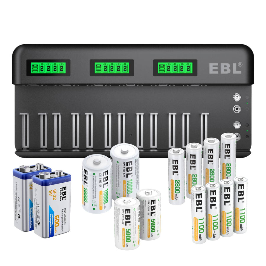 C9036W Battery Charger + AA AAA C D Ni-Mh Batteries and 9V Li-ion Batteries