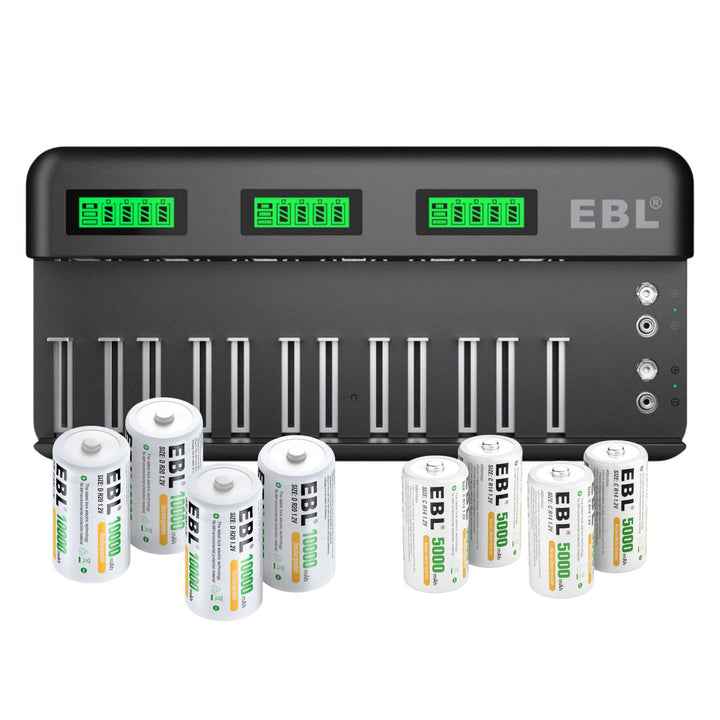 EBL 12+2 Bay Universal Battery Charger and 1.2V C D Ni-MH Rechargeable Batteries
