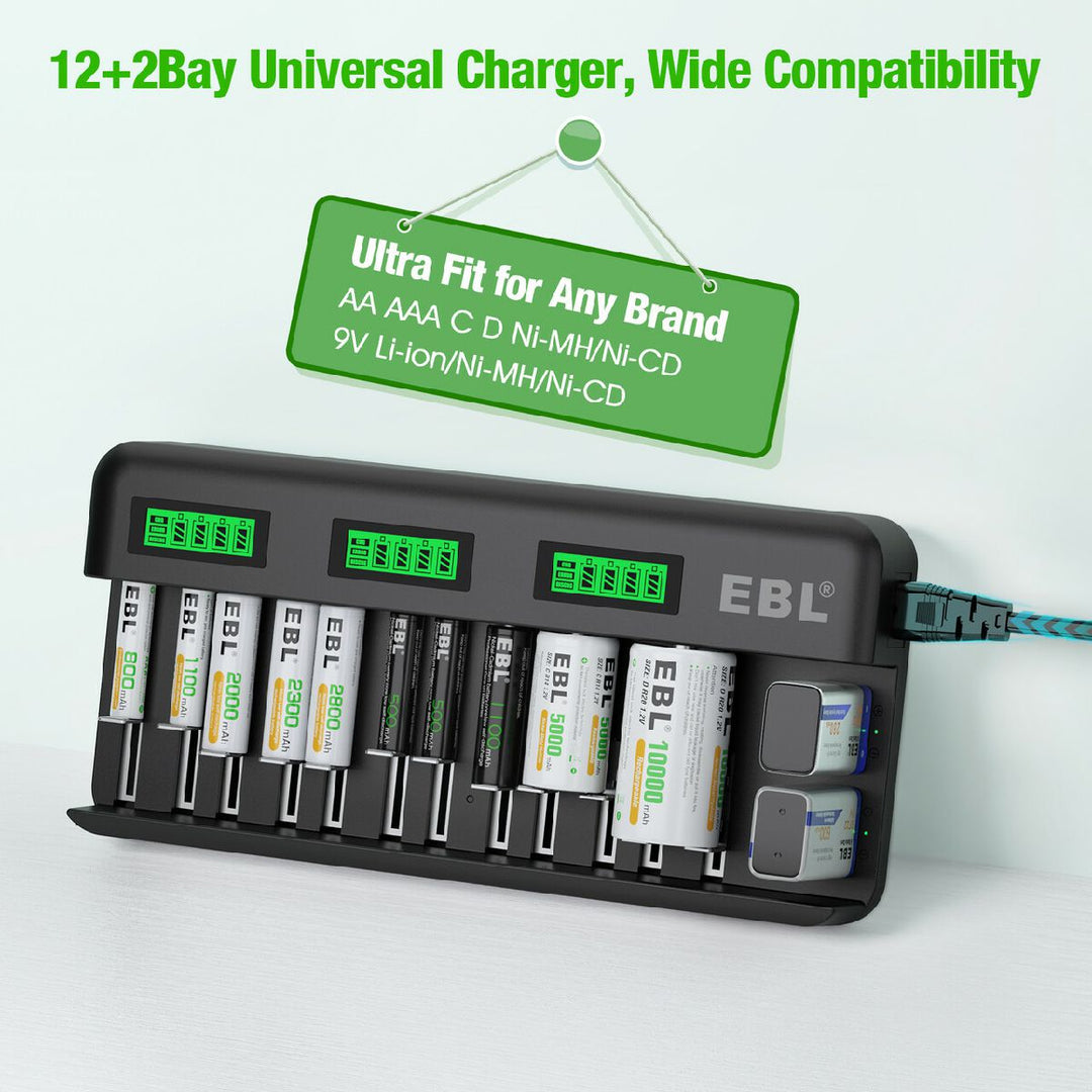 10000mAh D Size R20 Rechargeable Battery 1.2V NI-MH Rechargeable Type D  Batteries + 8 Slot AA AAA C D Size 9V Battery Charger