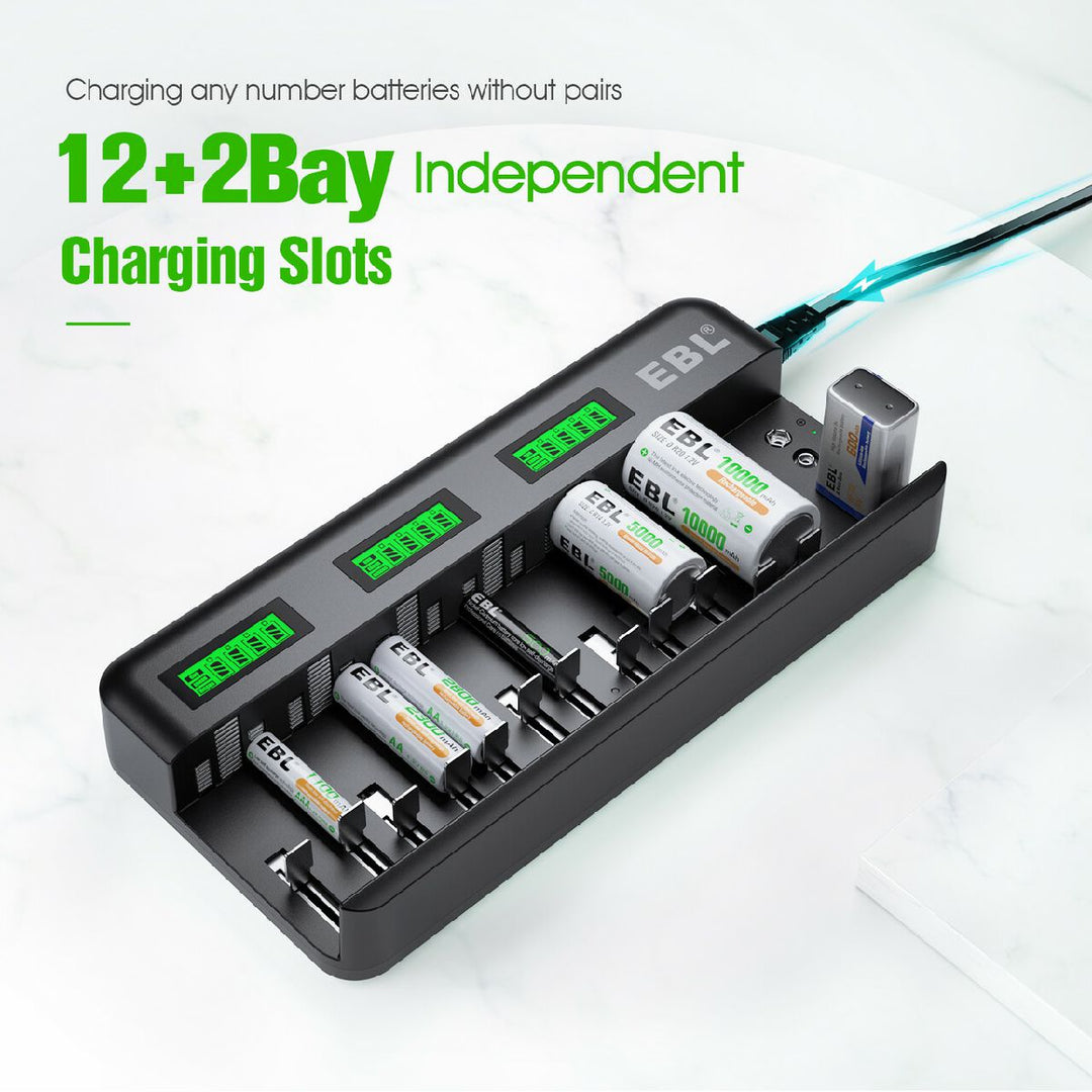10000mAh D Size R20 Rechargeable Battery 1.2V NI-MH Rechargeable Type D  Batteries + 8 Slot AA AAA C D Size 9V Battery Charger