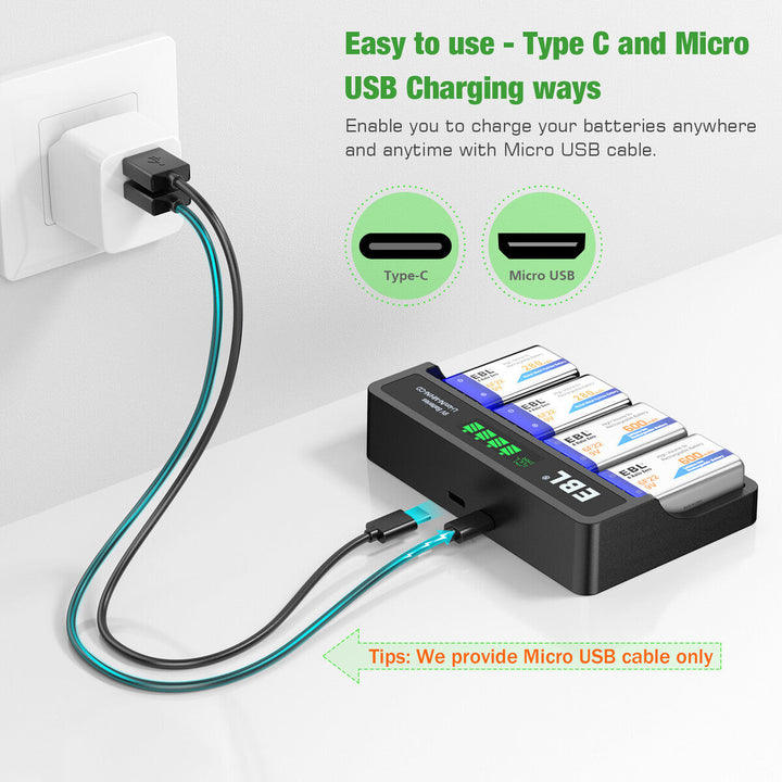 Type C/ Micro USB 9 volt square battery charger