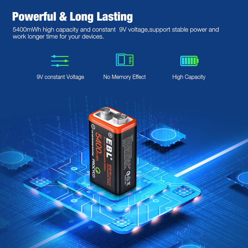 EBL 1/4 PCS 5400mWh 9V Lithium Rechargeable Battery - EBLOfficial