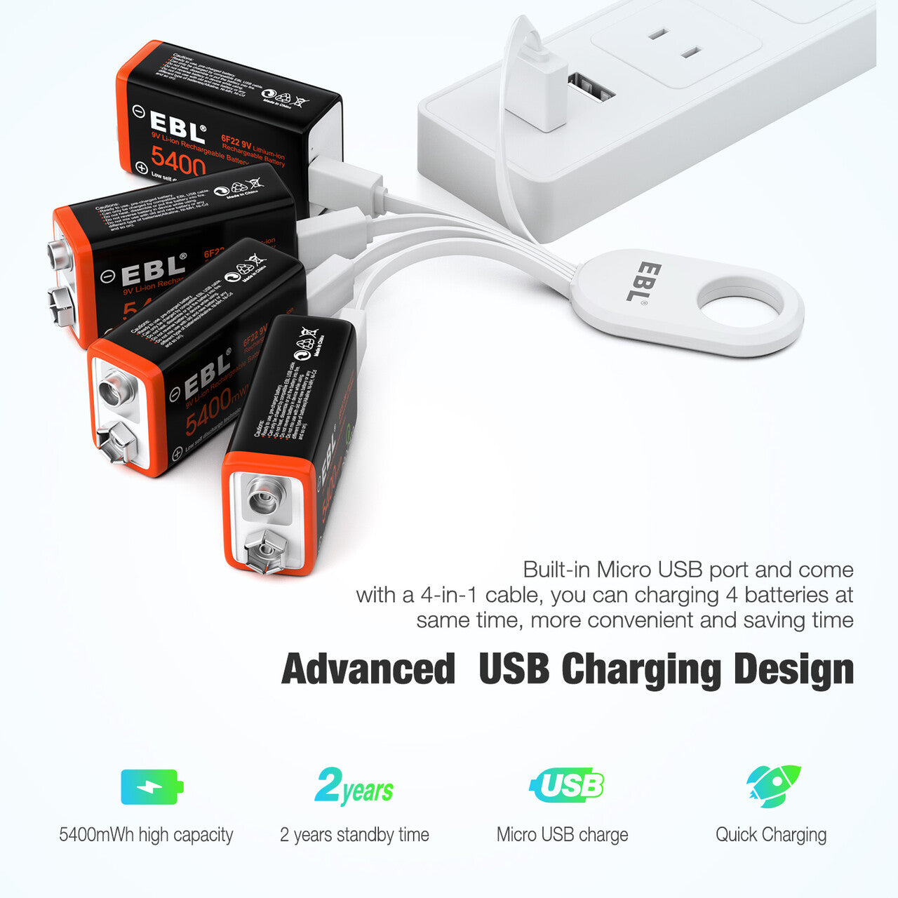 EBL 4-Pack 9V Batteries Li-ion 9 Volt Rechargeable Batteries with 9V  Battery Charger
